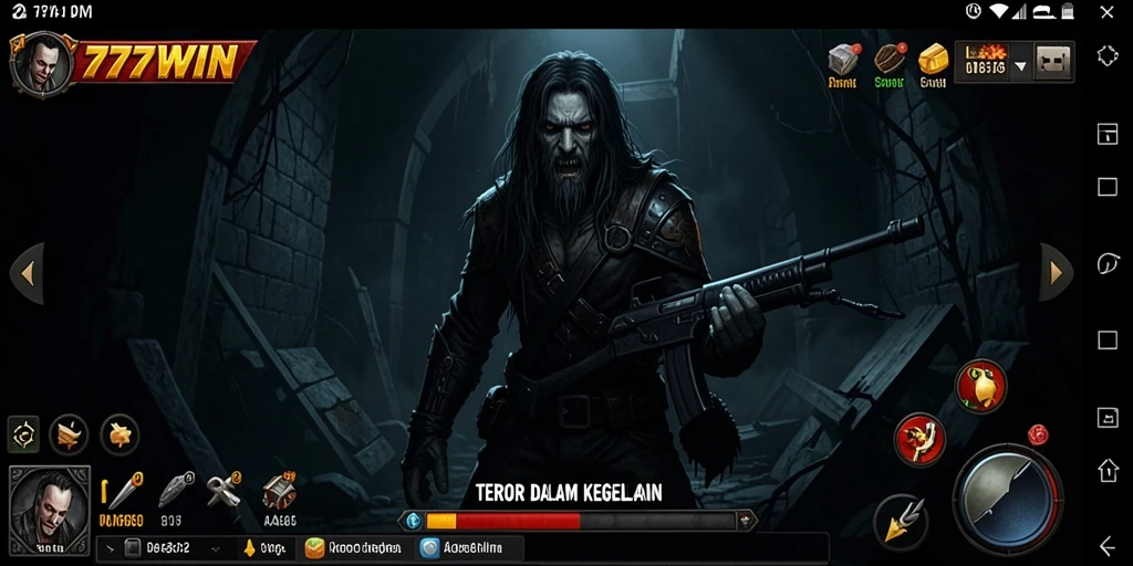 Screenshot gameplay 777WIN yang menampilkan suasana horor yang mencekam.