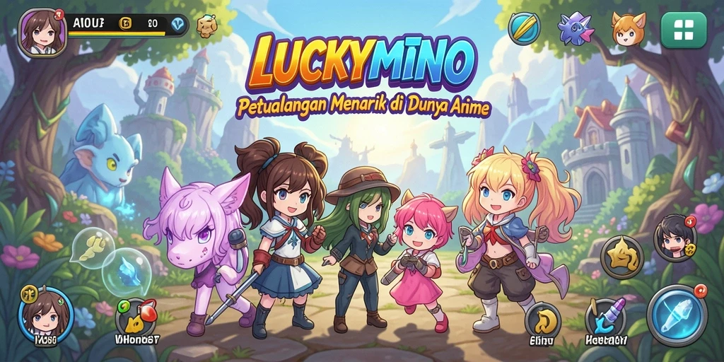 Tampilan gameplay LUCKYMINO yang penuh warna dan karakter anime menarik.